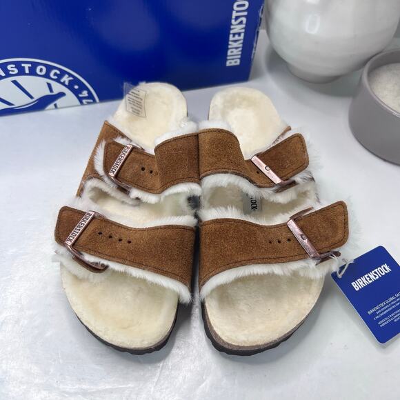Birkenstock Arizona Suede Shearling Lined Slide Mink Women 7/Men 5/EU38 Narrow - Picture 1 of 10
